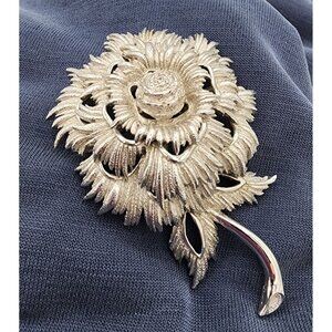 Monet Silver-Tone Floral Brooch Vintage 1960s Feathery Large Brushed Satin